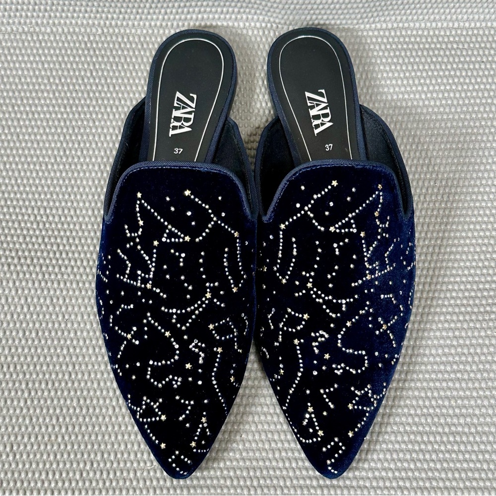 ZARA Constellation Midnight Blue Velvet Slip-On Flat Mules Size EU 37 / US 7